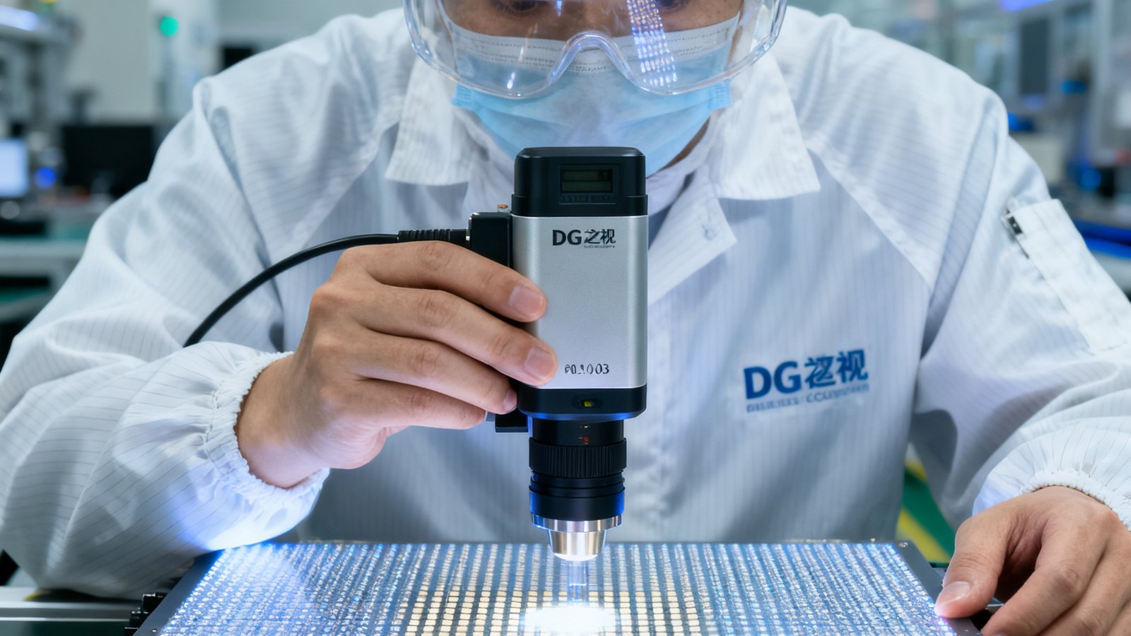 DG视讯工程师在无尘车间内对P0.9间距COB封装LED模组进行光学检测，模组表面平整度控制在0.03毫米以内